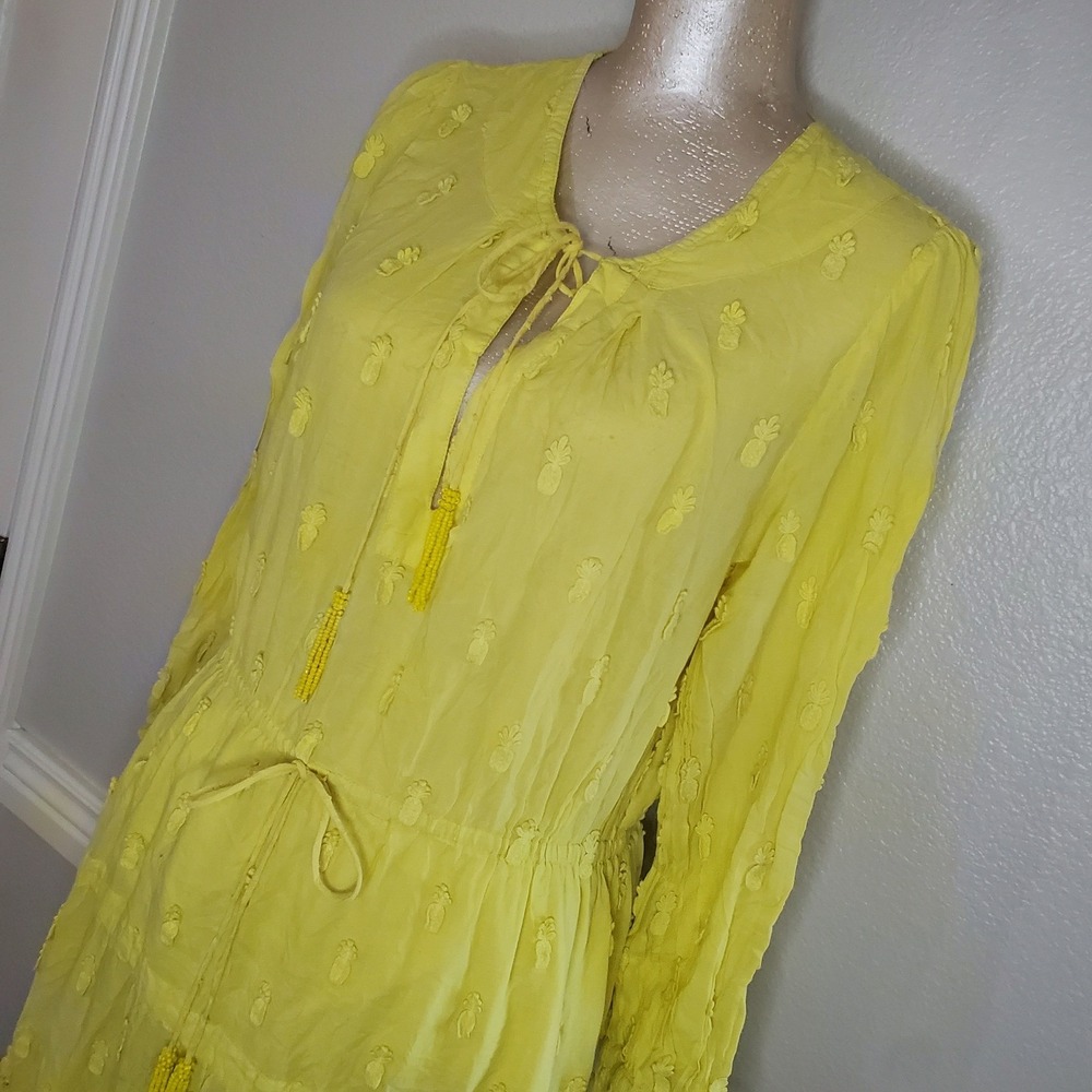 Farm Rio Yellow Pineapple Embroidered Tiered Maxi Dress Large Boho Tropical - Picture 3 of 11